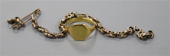 A small yellow gold signet ring (tests as 18ct) and a yellow metal bracelet (a.f)